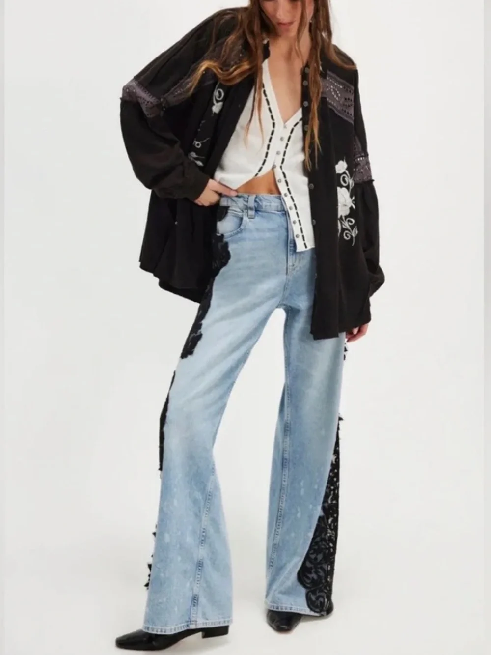 Free People We The Free Blue Ridge Floral Embroidered Button Down Oversized Top